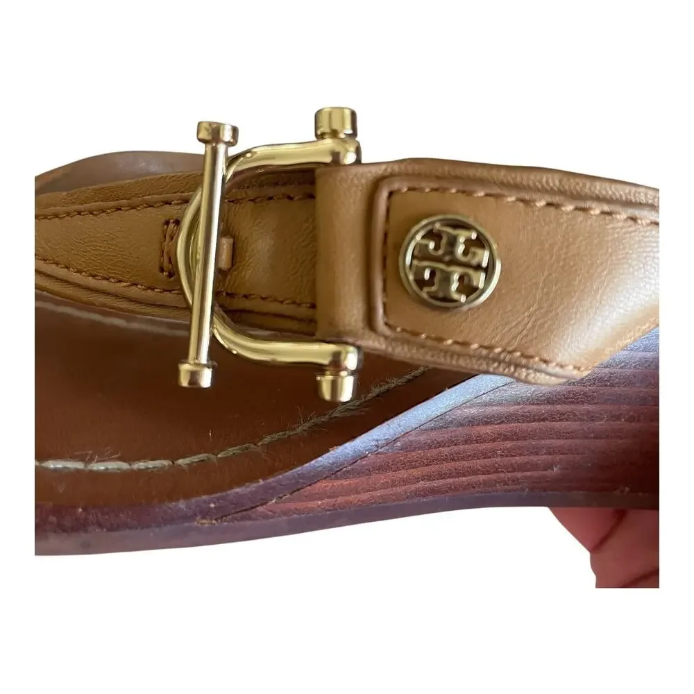 TORY BURCH Nora Mestico Size 7.5 Brown Tan Leather Slip-On Thong Wedge Sandals